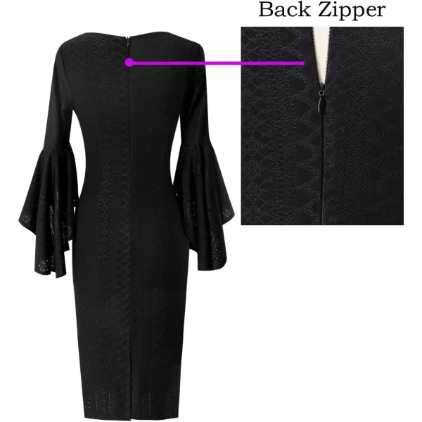 VFSHOW Womens Elegant Bell Sleeve Cocktail Party Bodycon Pencil Sheath DressBlack Jacquard Geometric