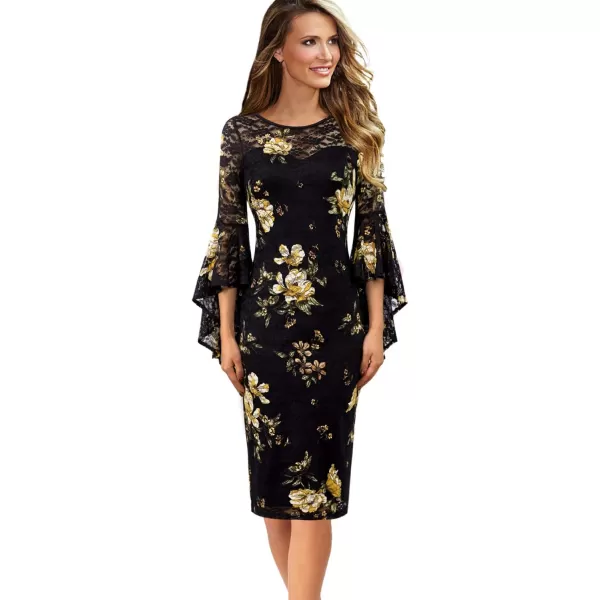 VFSHOW Womens Elegant Bell Sleeve Cocktail Party Bodycon Pencil Sheath DressBlack Lace  Yellow Floral Print