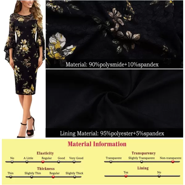 VFSHOW Womens Elegant Bell Sleeve Cocktail Party Bodycon Pencil Sheath DressBlack Lace  Yellow Floral Print