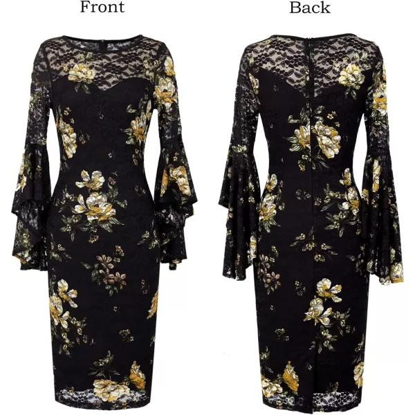 VFSHOW Womens Elegant Bell Sleeve Cocktail Party Bodycon Pencil Sheath DressBlack Lace  Yellow Floral Print