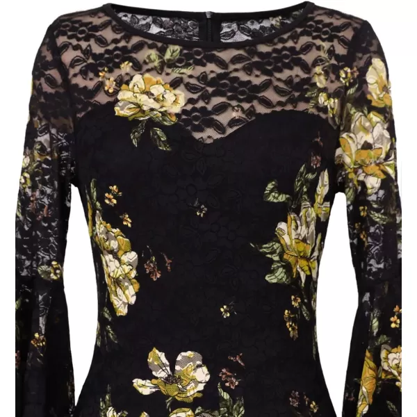 VFSHOW Womens Elegant Bell Sleeve Cocktail Party Bodycon Pencil Sheath DressBlack Lace  Yellow Floral Print