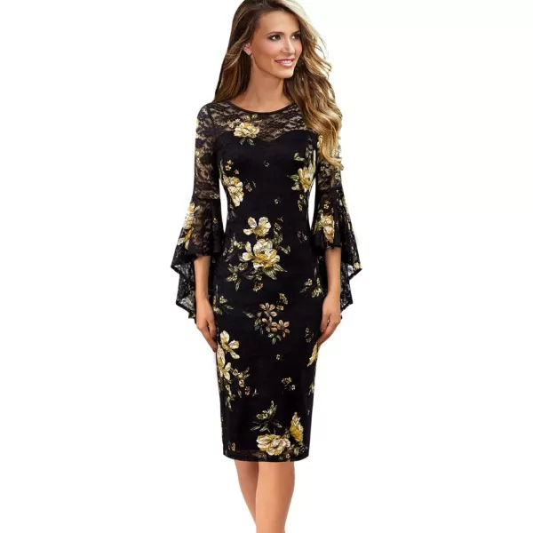 VFSHOW Womens Elegant Bell Sleeve Cocktail Party Bodycon Pencil Sheath DressBlack Lace  Yellow Floral Print2