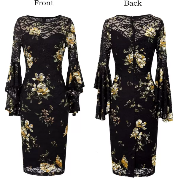 VFSHOW Womens Elegant Bell Sleeve Cocktail Party Bodycon Pencil Sheath DressBlack Lace  Yellow Floral Print2