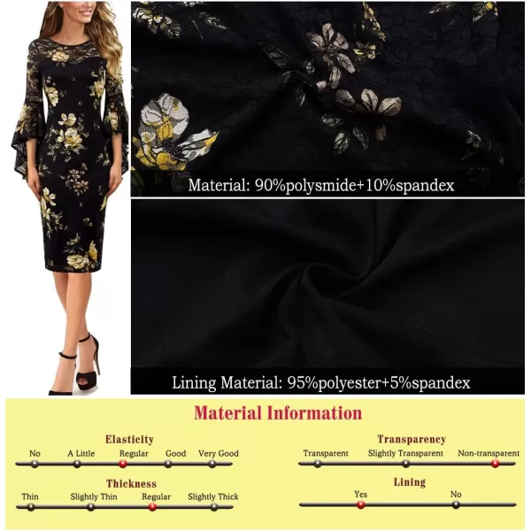 VFSHOW Womens Elegant Bell Sleeve Cocktail Party Bodycon Pencil Sheath DressBlack Lace  Yellow Floral Print2