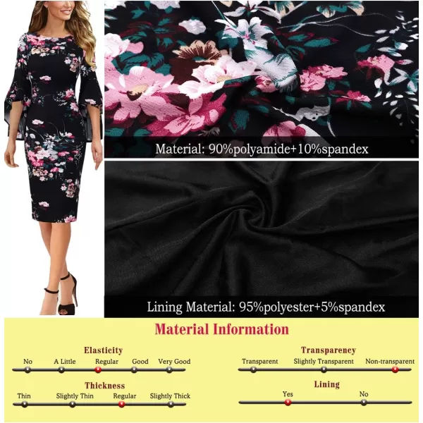 VFSHOW Womens Elegant Bell Sleeve Cocktail Party Bodycon Pencil Sheath DressBlack Multi Floral Print 3