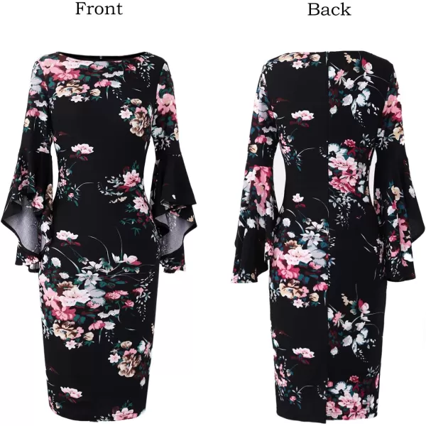 VFSHOW Womens Elegant Bell Sleeve Cocktail Party Bodycon Pencil Sheath DressBlack Multi Floral Print 3