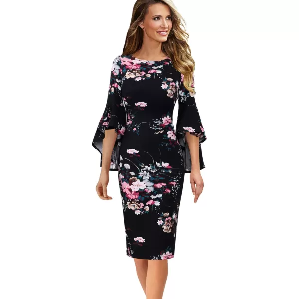 VFSHOW Womens Elegant Bell Sleeve Cocktail Party Bodycon Pencil Sheath DressBlack Multi Floral Print 3