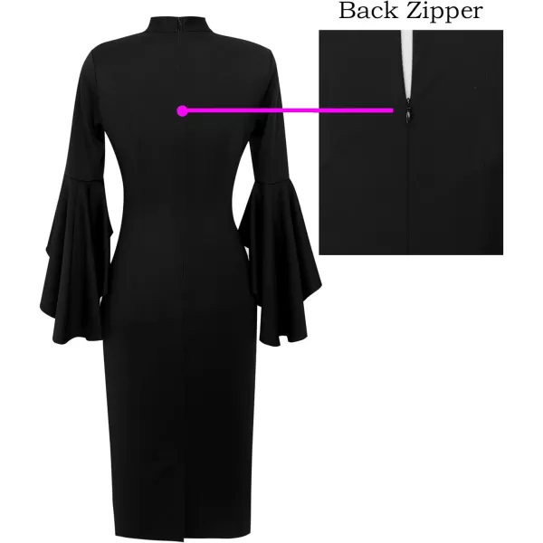 VFSHOW Womens Elegant Bell Sleeve Cocktail Party Bodycon Pencil Sheath DressBlack Tie Neck