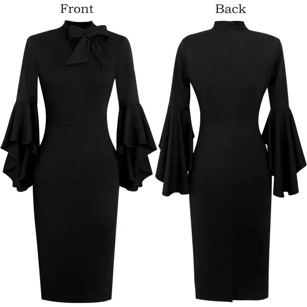 VFSHOW Womens Elegant Bell Sleeve Cocktail Party Bodycon Pencil Sheath DressBlack Tie Neck