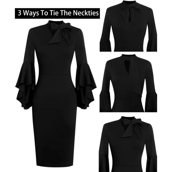 VFSHOW Womens Elegant Bell Sleeve Cocktail Party Bodycon Pencil Sheath DressBlack Tie Neck