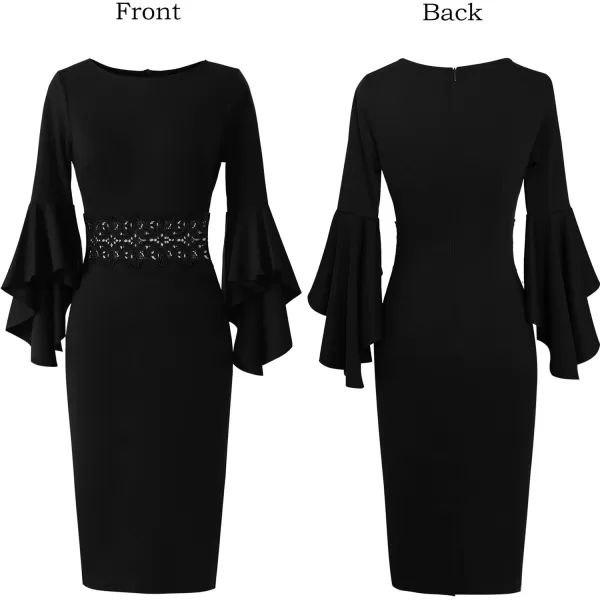 VFSHOW Womens Elegant Bell Sleeve Cocktail Party Bodycon Pencil Sheath DressBlack With Applique