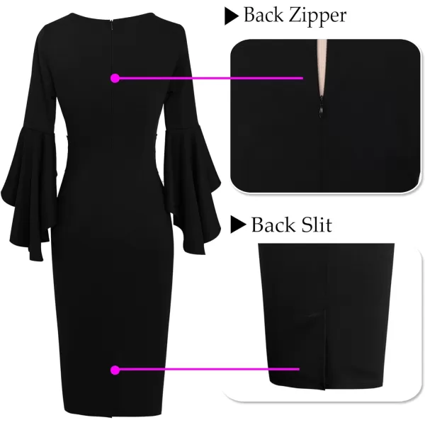 VFSHOW Womens Elegant Bell Sleeve Cocktail Party Bodycon Pencil Sheath DressBlack With Applique