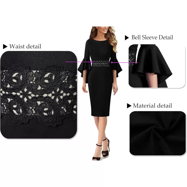 VFSHOW Womens Elegant Bell Sleeve Cocktail Party Bodycon Pencil Sheath DressBlack With Applique