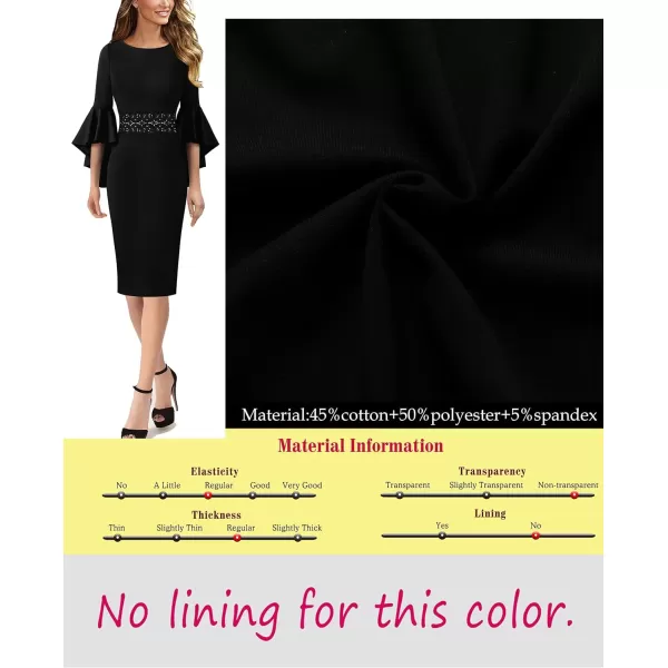 VFSHOW Womens Elegant Bell Sleeve Cocktail Party Bodycon Pencil Sheath DressBlack With Applique