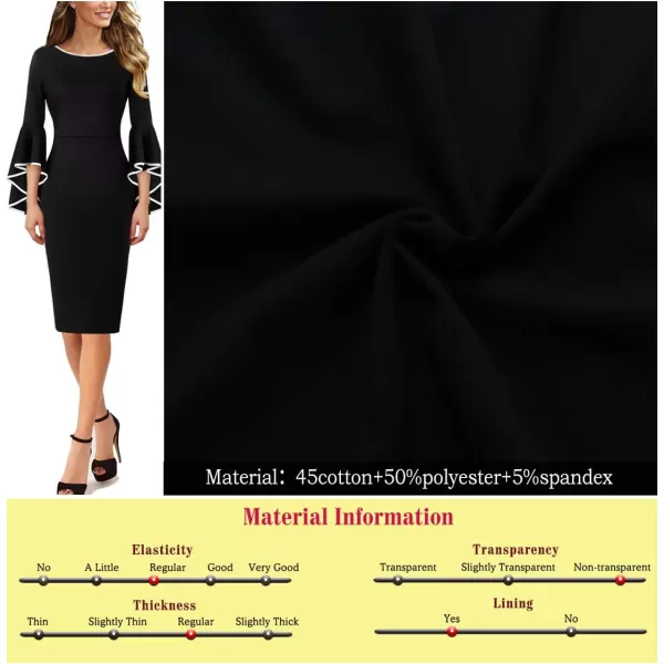 VFSHOW Womens Elegant Bell Sleeve Cocktail Party Bodycon Pencil Sheath DressBlack With White Piping