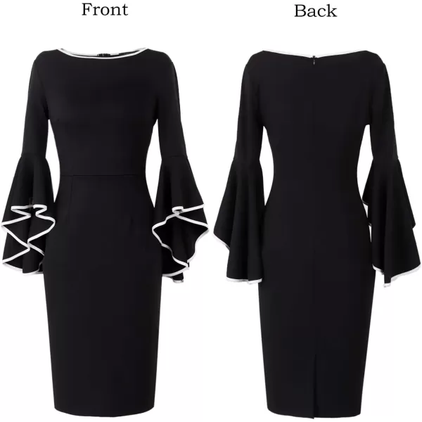 VFSHOW Womens Elegant Bell Sleeve Cocktail Party Bodycon Pencil Sheath DressBlack With White Piping