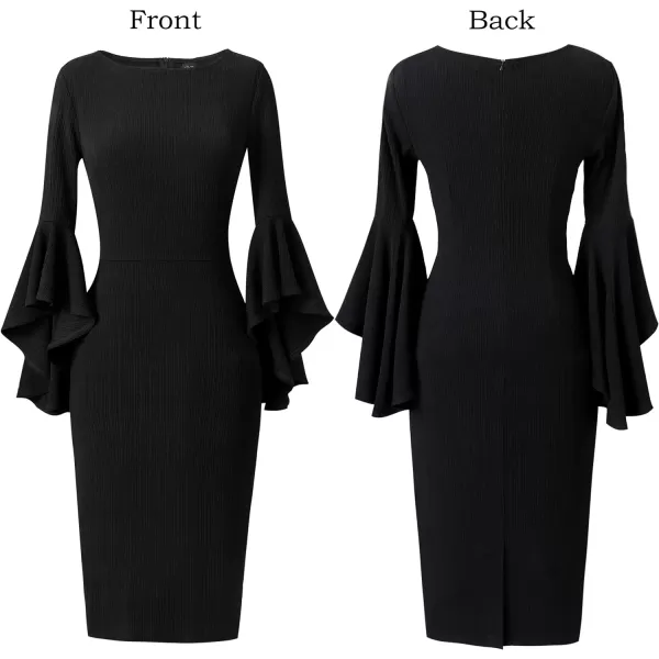 VFSHOW Womens Elegant Bell Sleeve Cocktail Party Bodycon Pencil Sheath DressBlack5