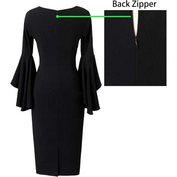 VFSHOW Womens Elegant Bell Sleeve Cocktail Party Bodycon Pencil Sheath DressBlack5