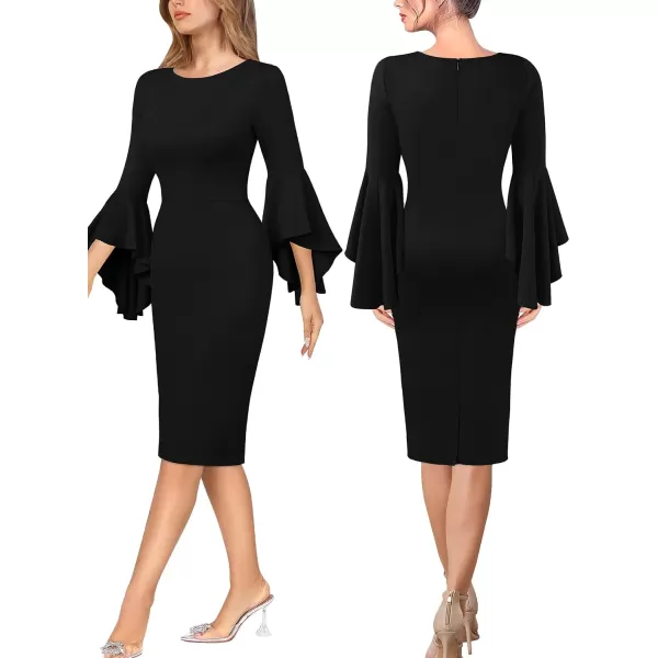 VFSHOW Womens Elegant Bell Sleeve Cocktail Party Bodycon Pencil Sheath DressBlackcotton Blend 2