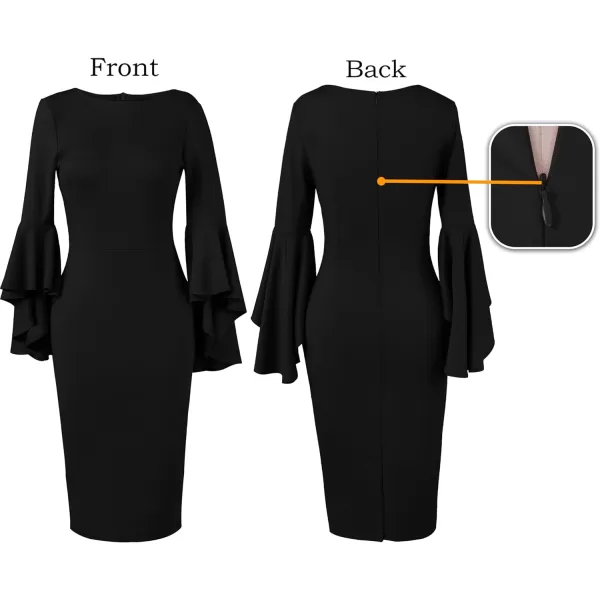 VFSHOW Womens Elegant Bell Sleeve Cocktail Party Bodycon Pencil Sheath DressBlackcotton Blend 2