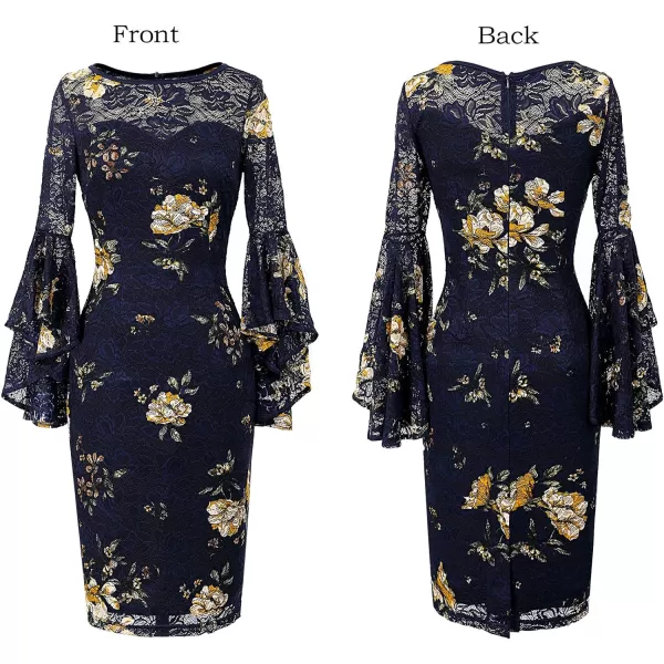 VFSHOW Womens Elegant Bell Sleeve Cocktail Party Bodycon Pencil Sheath DressBlue Laceyellow Floral Print