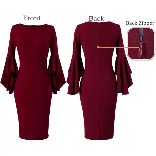 VFSHOW Womens Elegant Bell Sleeve Cocktail Party Bodycon Pencil Sheath DressDark Red