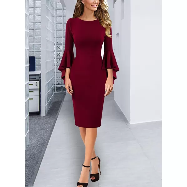 VFSHOW Womens Elegant Bell Sleeve Cocktail Party Bodycon Pencil Sheath DressDark Red