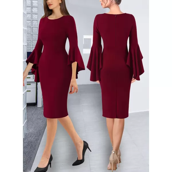 VFSHOW Womens Elegant Bell Sleeve Cocktail Party Bodycon Pencil Sheath DressDark Red