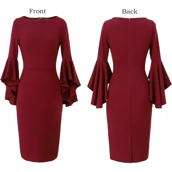 VFSHOW Womens Elegant Bell Sleeve Cocktail Party Bodycon Pencil Sheath DressDark Redcotton Blend 2