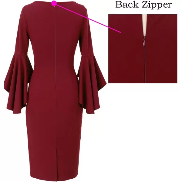 VFSHOW Womens Elegant Bell Sleeve Cocktail Party Bodycon Pencil Sheath DressDark Redcotton Blend 2