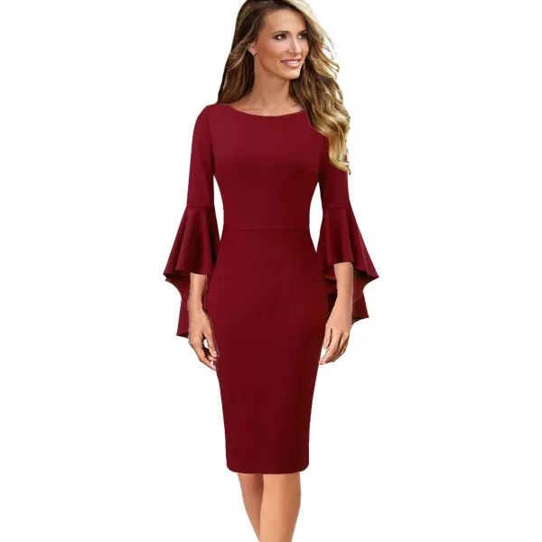 VFSHOW Womens Elegant Bell Sleeve Cocktail Party Bodycon Pencil Sheath DressDark Redcotton Blend 2