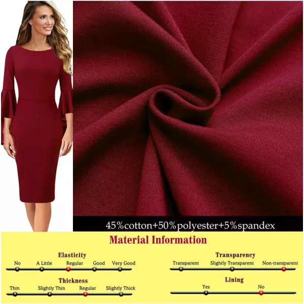 VFSHOW Womens Elegant Bell Sleeve Cocktail Party Bodycon Pencil Sheath DressDark Redcotton Blend 2