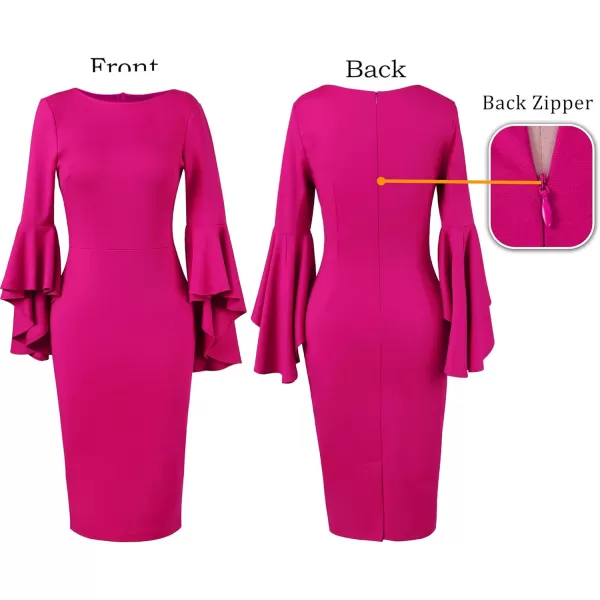 VFSHOW Womens Elegant Bell Sleeve Cocktail Party Bodycon Pencil Sheath DressHot Pink