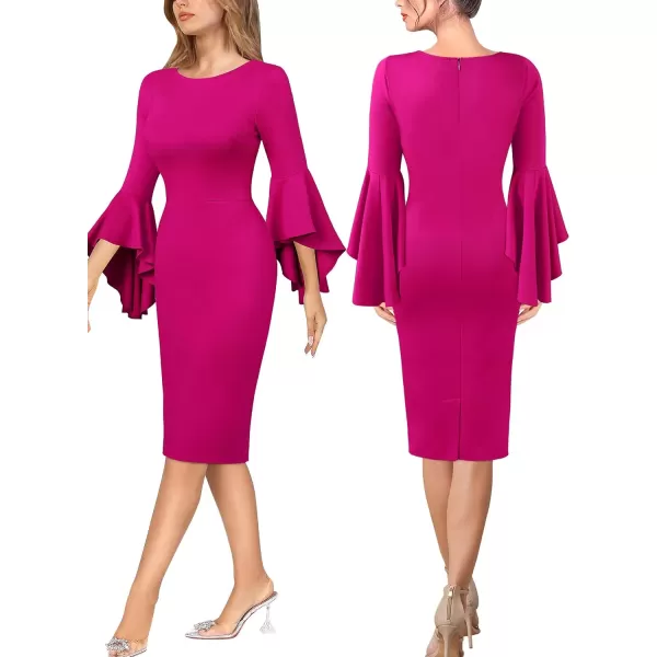 VFSHOW Womens Elegant Bell Sleeve Cocktail Party Bodycon Pencil Sheath DressHot Pink