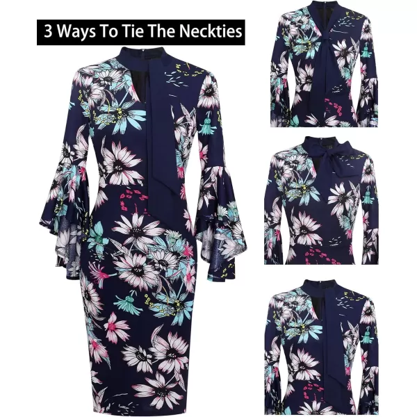 VFSHOW Womens Elegant Bell Sleeve Cocktail Party Bodycon Pencil Sheath DressNavy Blue Multi Floral Print