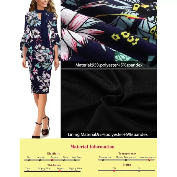 VFSHOW Womens Elegant Bell Sleeve Cocktail Party Bodycon Pencil Sheath DressNavy Blue Multi Floral Print