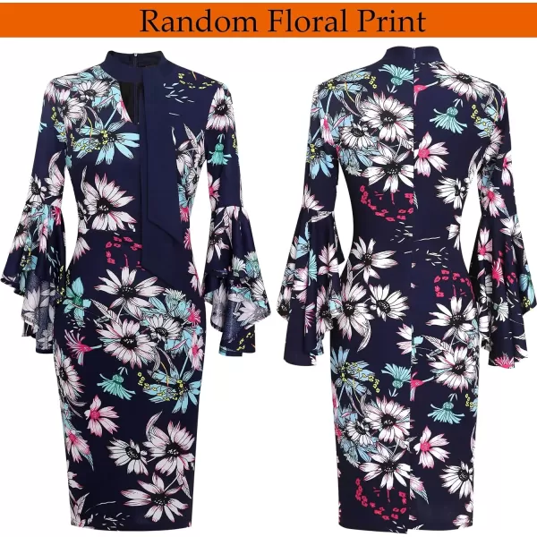 VFSHOW Womens Elegant Bell Sleeve Cocktail Party Bodycon Pencil Sheath DressNavy Blue Multi Floral Print