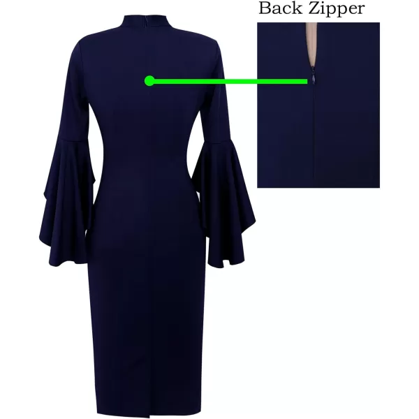 VFSHOW Womens Elegant Bell Sleeve Cocktail Party Bodycon Pencil Sheath DressNavy Blue Tie Neck