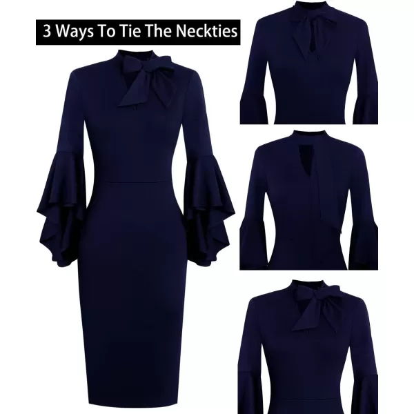 VFSHOW Womens Elegant Bell Sleeve Cocktail Party Bodycon Pencil Sheath DressNavy Blue Tie Neck