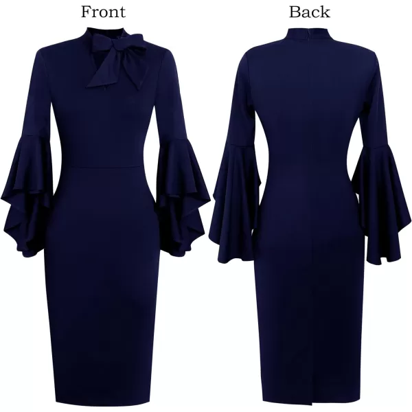 VFSHOW Womens Elegant Bell Sleeve Cocktail Party Bodycon Pencil Sheath DressNavy Blue Tie Neck