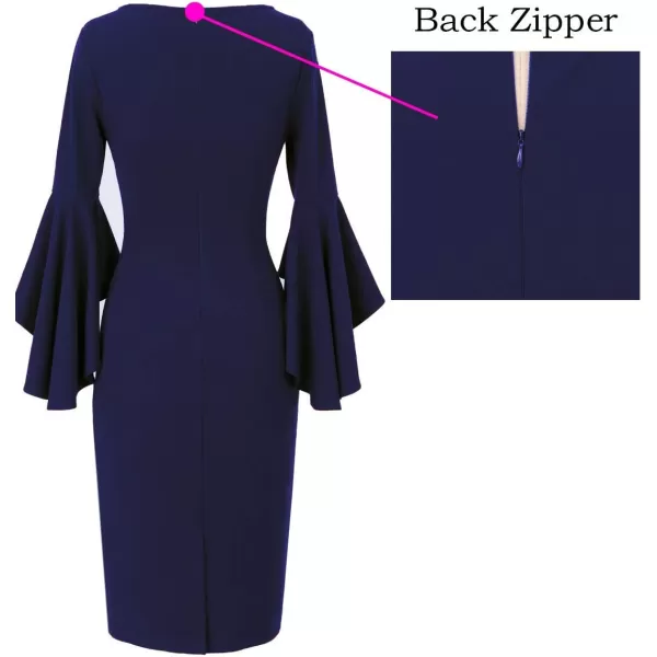 VFSHOW Womens Elegant Bell Sleeve Cocktail Party Bodycon Pencil Sheath DressNavy Bluecotton Blend 2