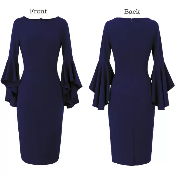 VFSHOW Womens Elegant Bell Sleeve Cocktail Party Bodycon Pencil Sheath DressNavy Bluecotton Blend 2