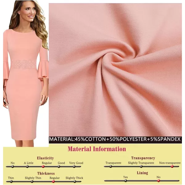 VFSHOW Womens Elegant Bell Sleeve Cocktail Party Bodycon Pencil Sheath DressPeach Pink With Applique