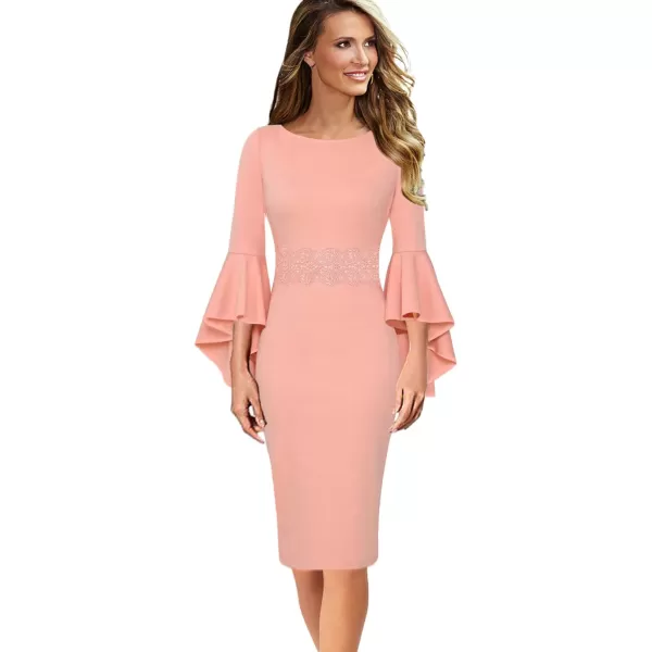 VFSHOW Womens Elegant Bell Sleeve Cocktail Party Bodycon Pencil Sheath DressPeach Pink With Applique