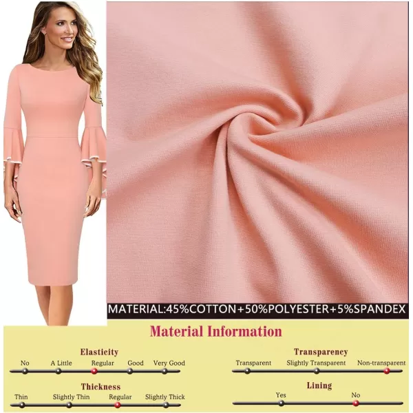 VFSHOW Womens Elegant Bell Sleeve Cocktail Party Bodycon Pencil Sheath DressPeach Pink With White Piping