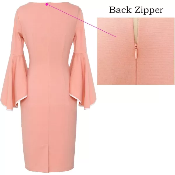 VFSHOW Womens Elegant Bell Sleeve Cocktail Party Bodycon Pencil Sheath DressPeach Pink With White Piping