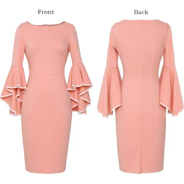 VFSHOW Womens Elegant Bell Sleeve Cocktail Party Bodycon Pencil Sheath DressPeach Pink With White Piping