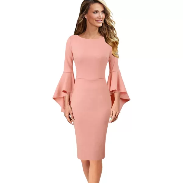 VFSHOW Womens Elegant Bell Sleeve Cocktail Party Bodycon Pencil Sheath DressPeach Pink3