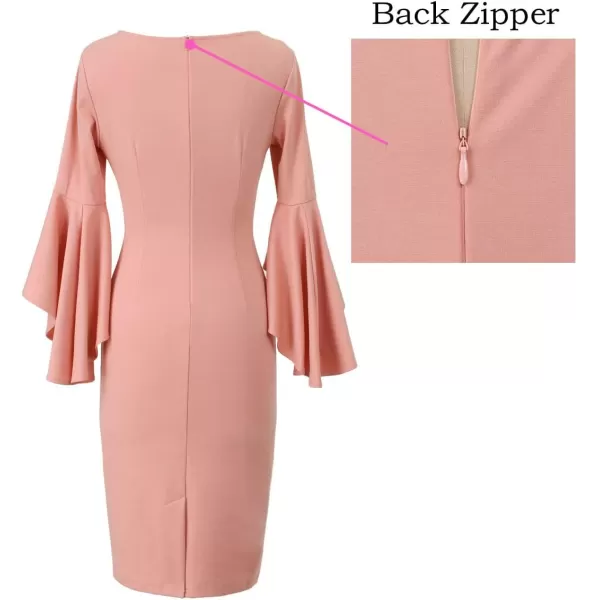 VFSHOW Womens Elegant Bell Sleeve Cocktail Party Bodycon Pencil Sheath DressPeach Pink3