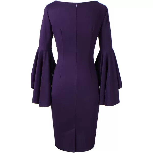 VFSHOW Womens Elegant Bell Sleeve Cocktail Party Bodycon Pencil Sheath DressPurple